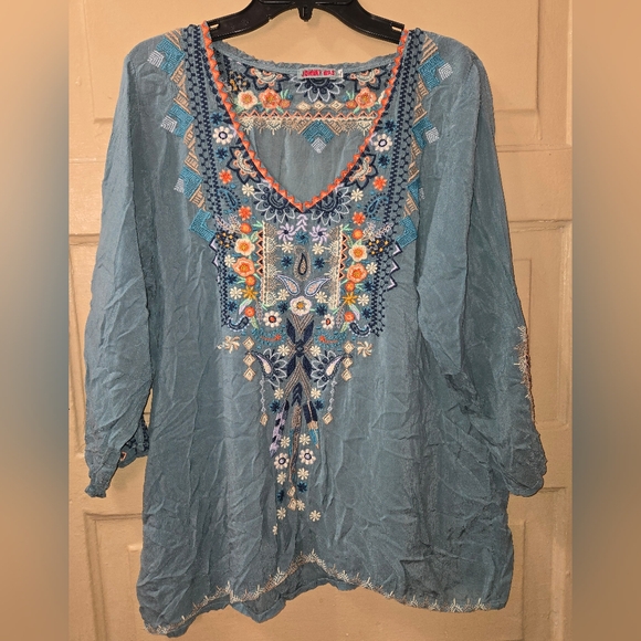Johnny Was Tops - Johnny Was Maya V-Neck Embroidered Teal Women's Top
